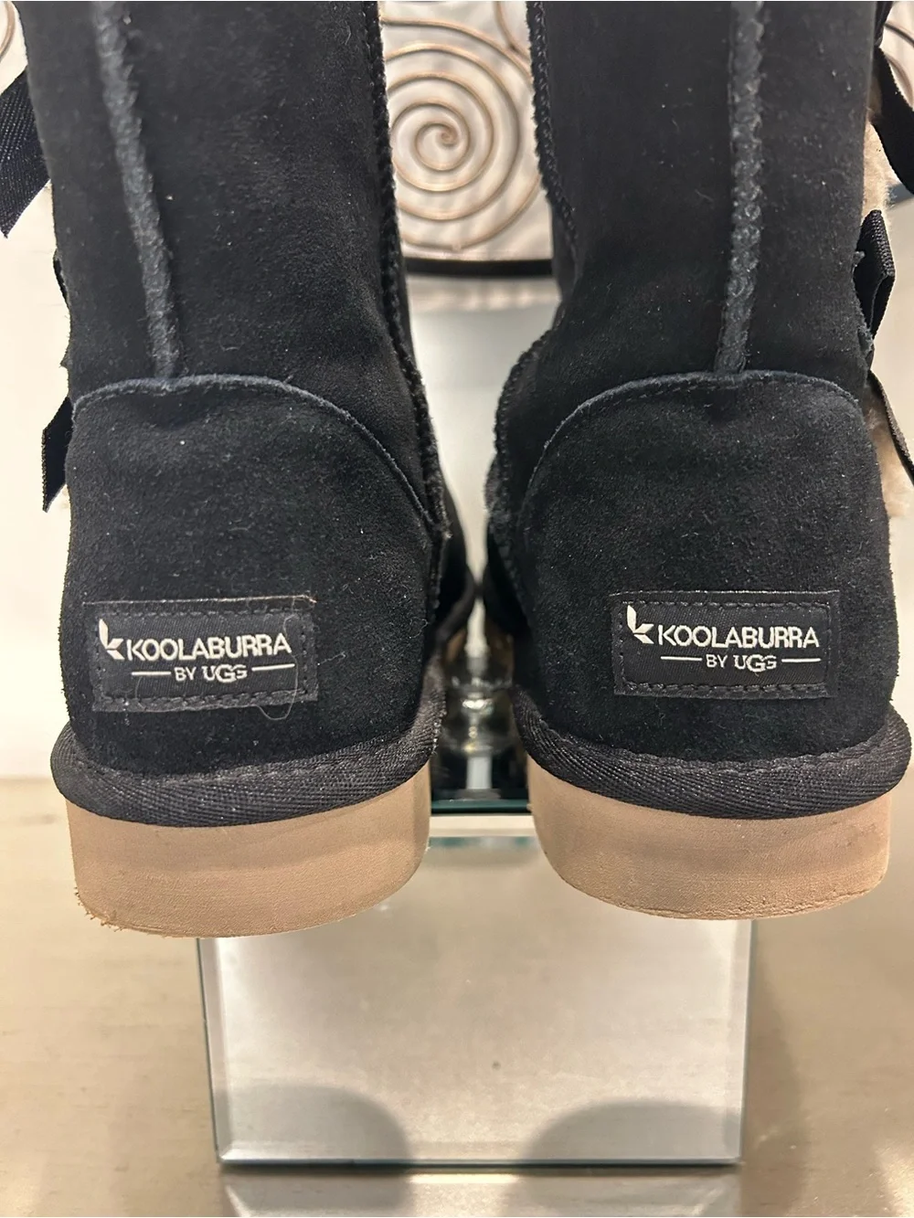 Koolaburra Black Suede Mid-Calf Boots with Cream Fur Trim and Side Bows